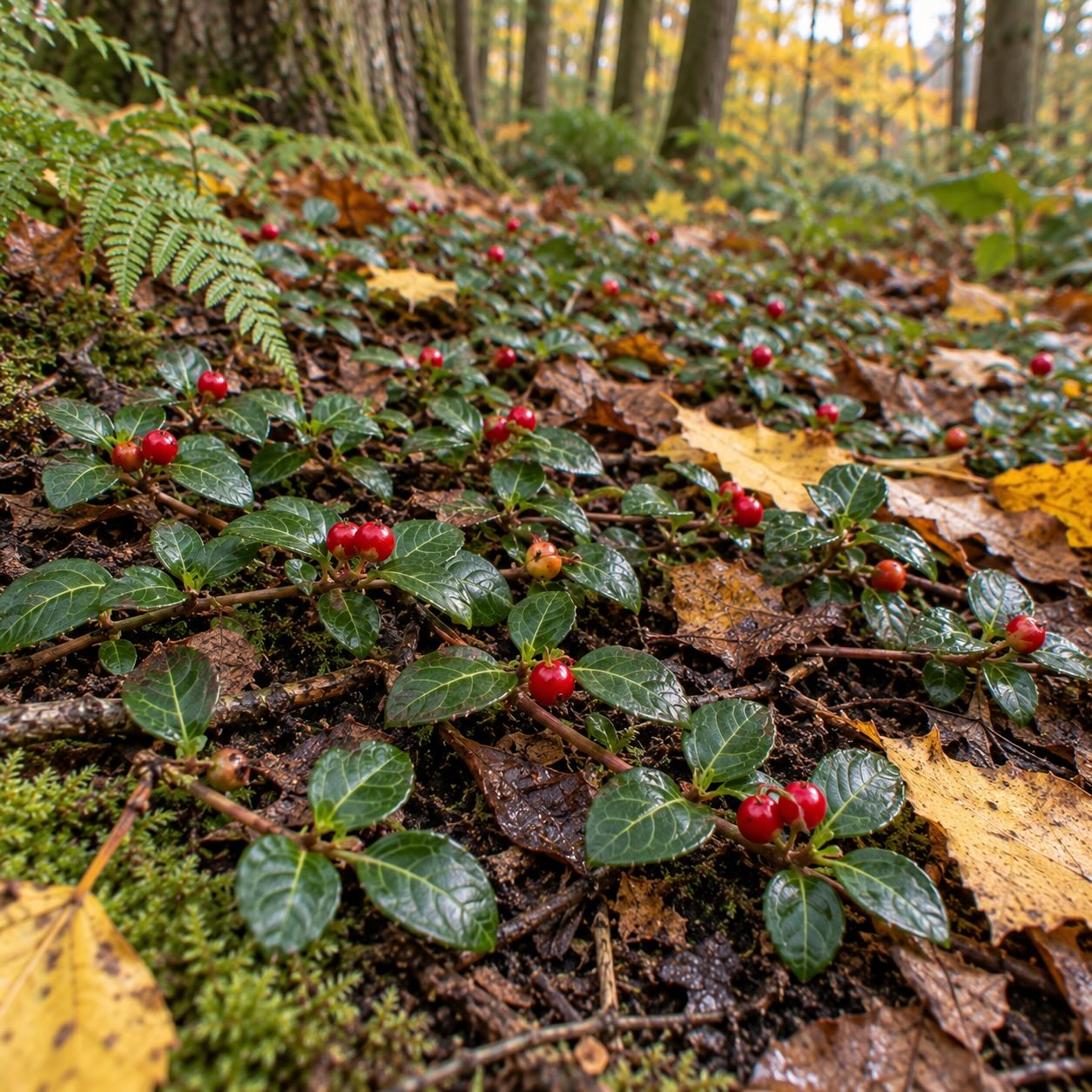 micela-mitchella-repens-pudopokryvny-porost-s-cervenymi-plody