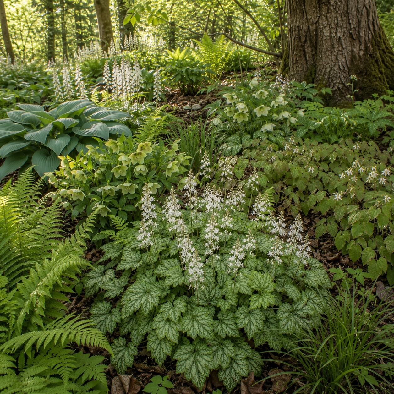 mitrovnicka-tiarella-v-kombinaci-s-cemericemi-kapradinami-a-bohyskami-ve-stinnem-zahonu