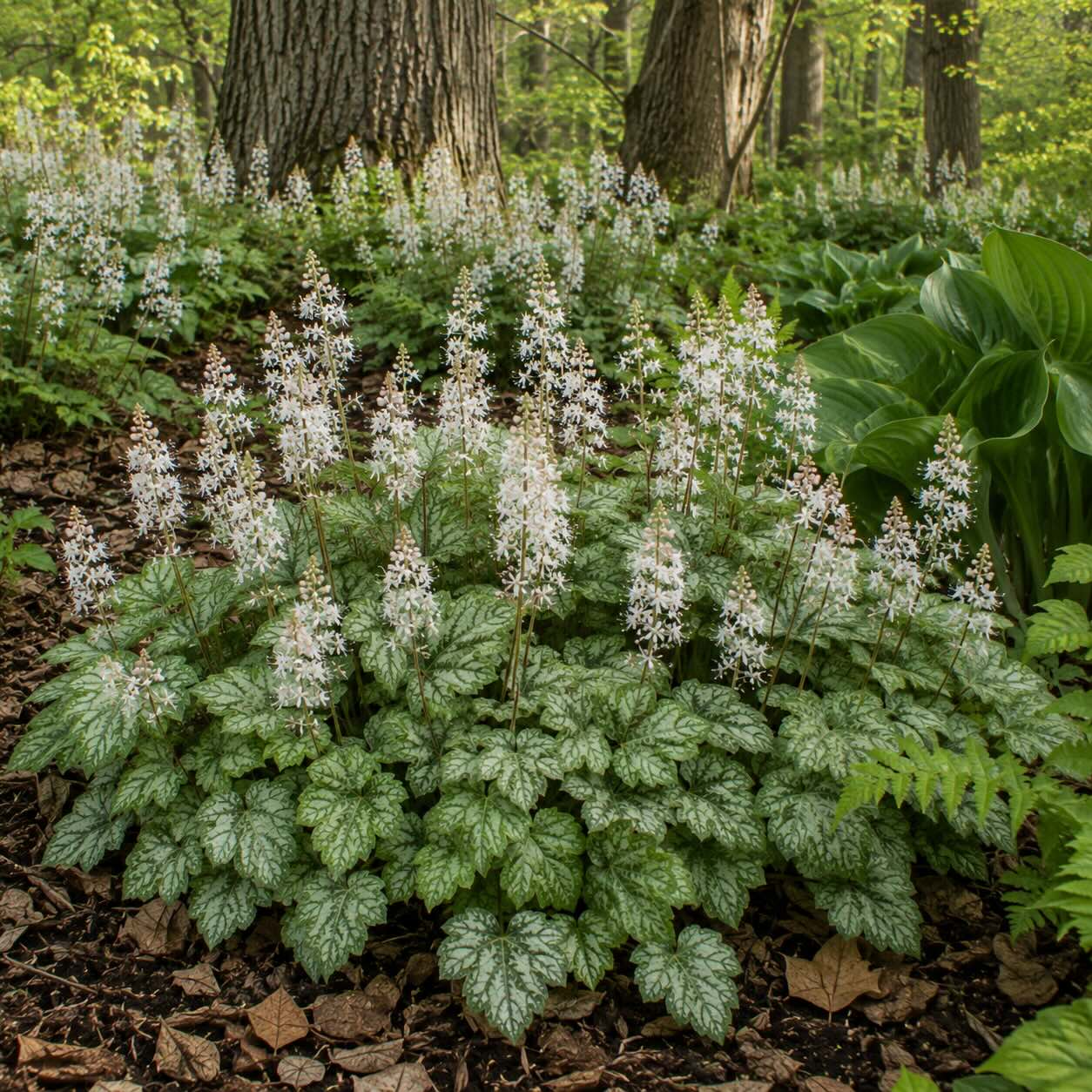 mitrovnicka-tiarella-v-kvetu-ve-stinne-podrostove-vysadbe-pod-listnatymi-stromy