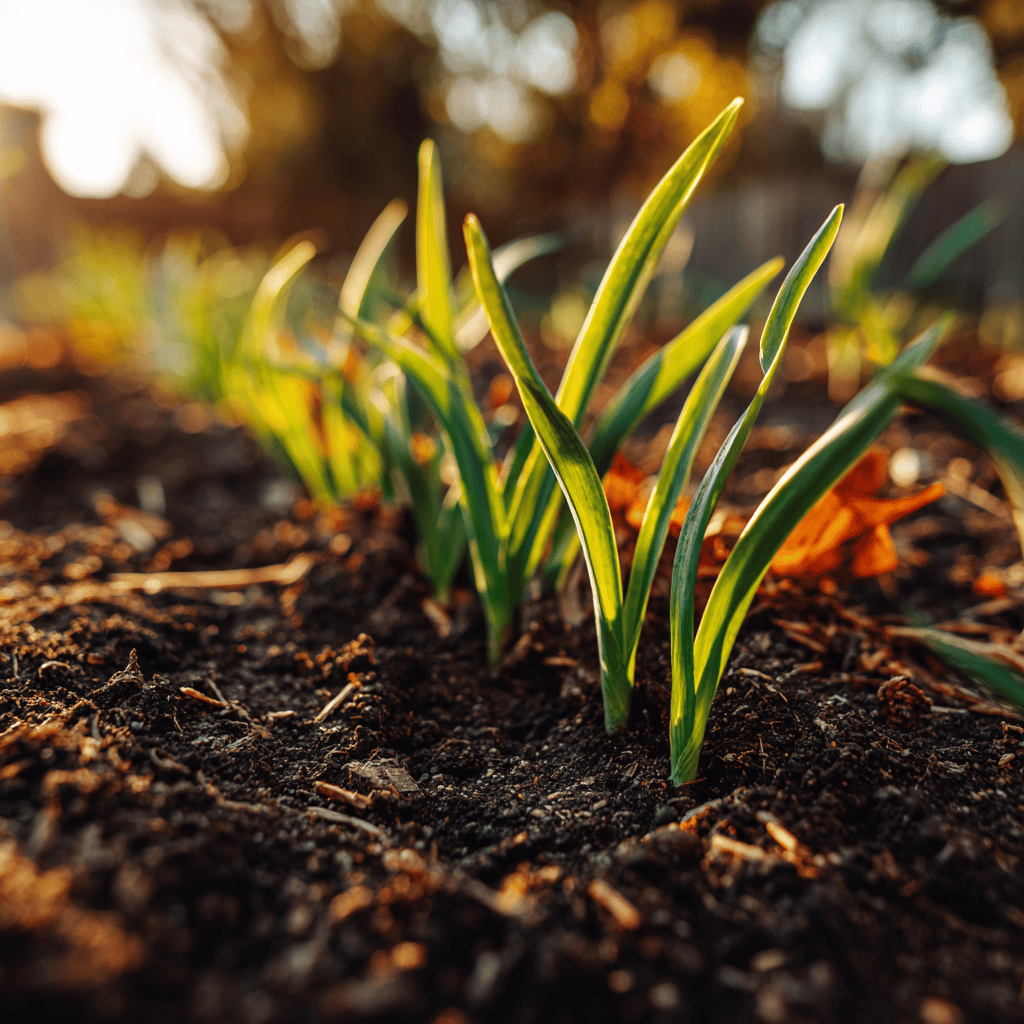 mlady-cesnek-v-radku-na-zahradnim-zahonu-podzimni-svetlo