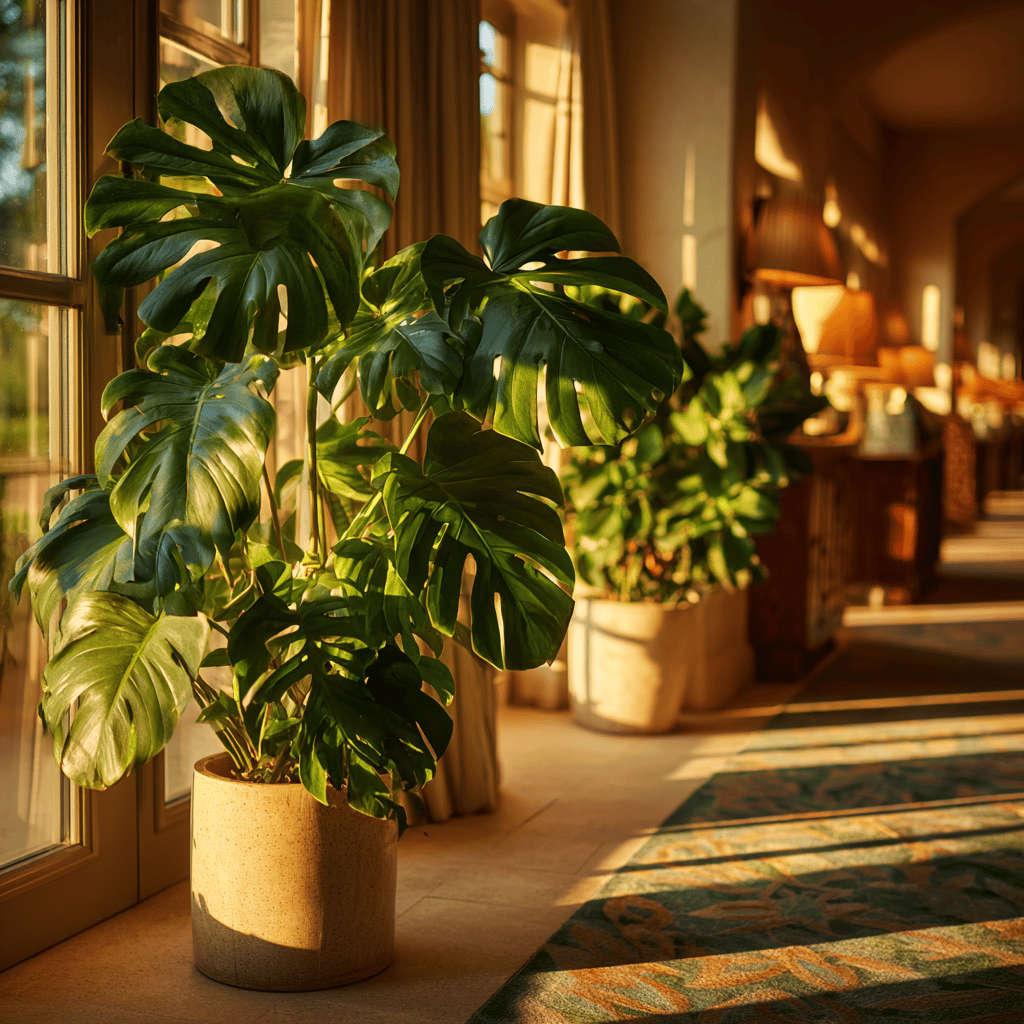 monstera-v-kvetinaci-u-francouzskeho-okna-v-teplem-svetle-interieru