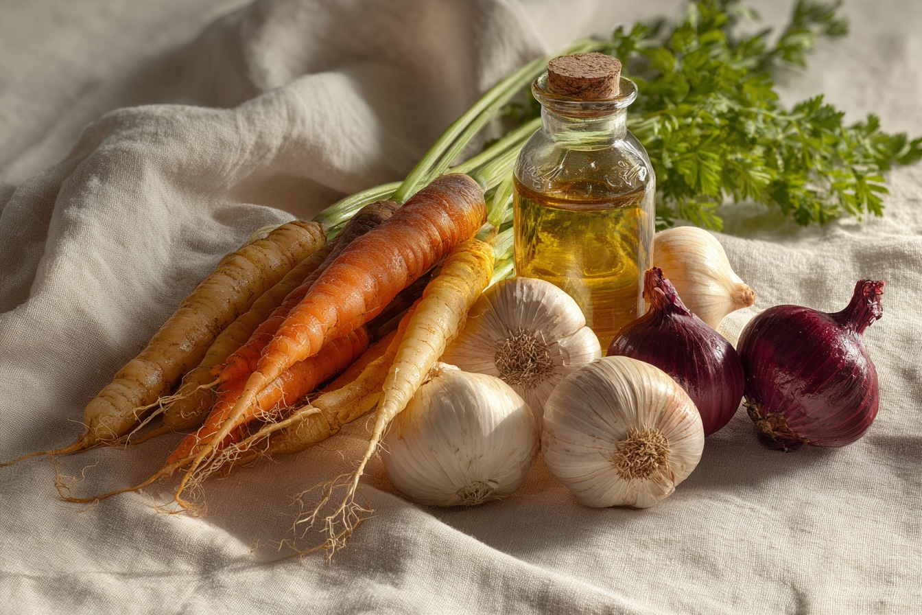 mrkev-petrzel-cesnek-cibule-a-olivovy-olej-na-lnene-uterce-zimni-ingredience