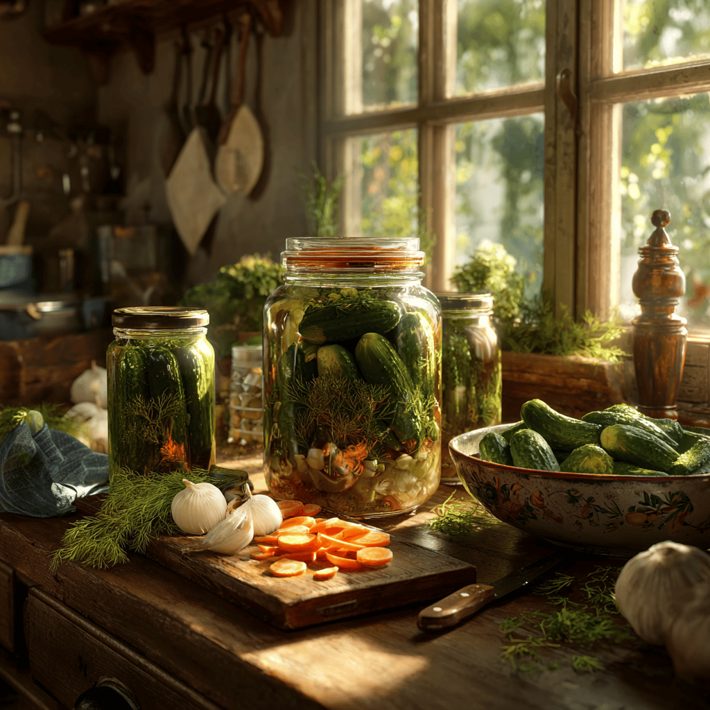 nakladane-okurky-ve-sklenicich-s-koprem-a-cesnekem-na-drevenem-stole