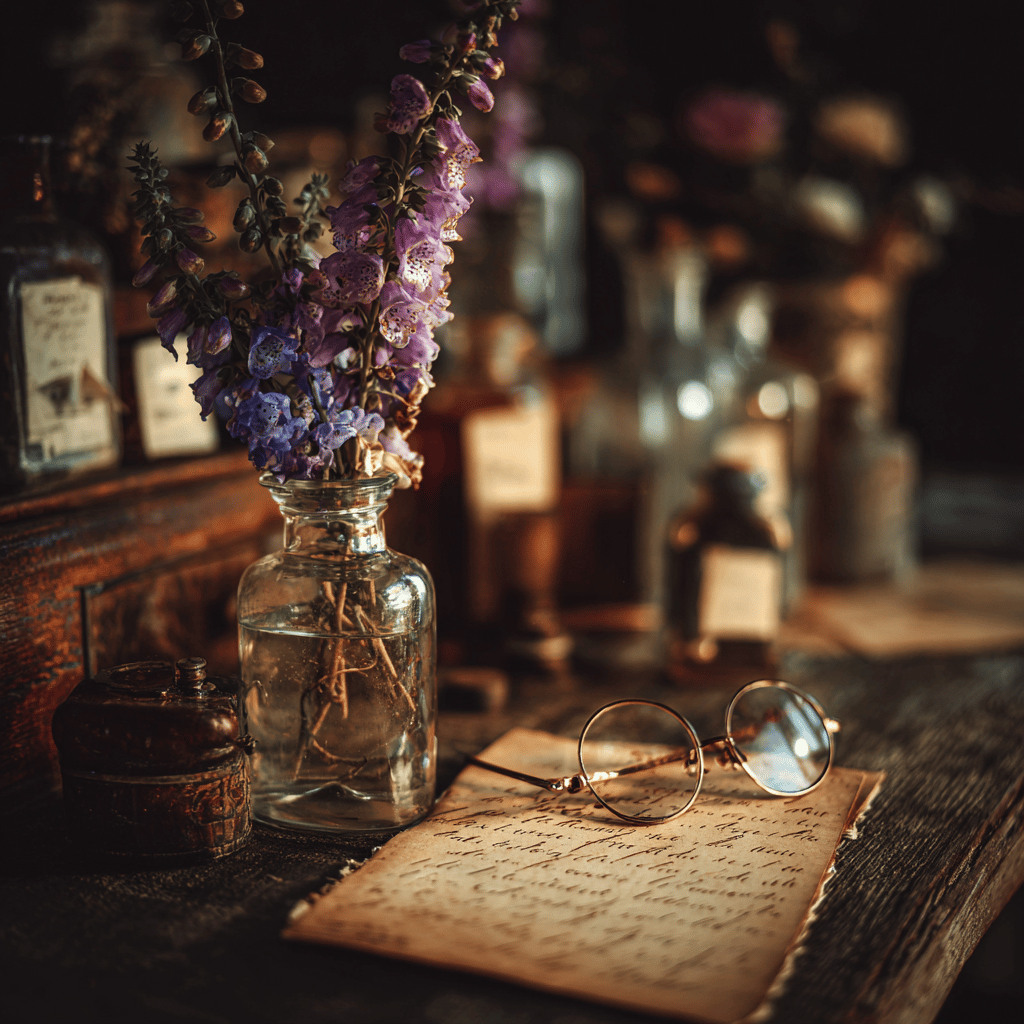 naprstnik-digitalis-ve-vazi-na-starem-stole-historicka-lekarna-a-rukopisy