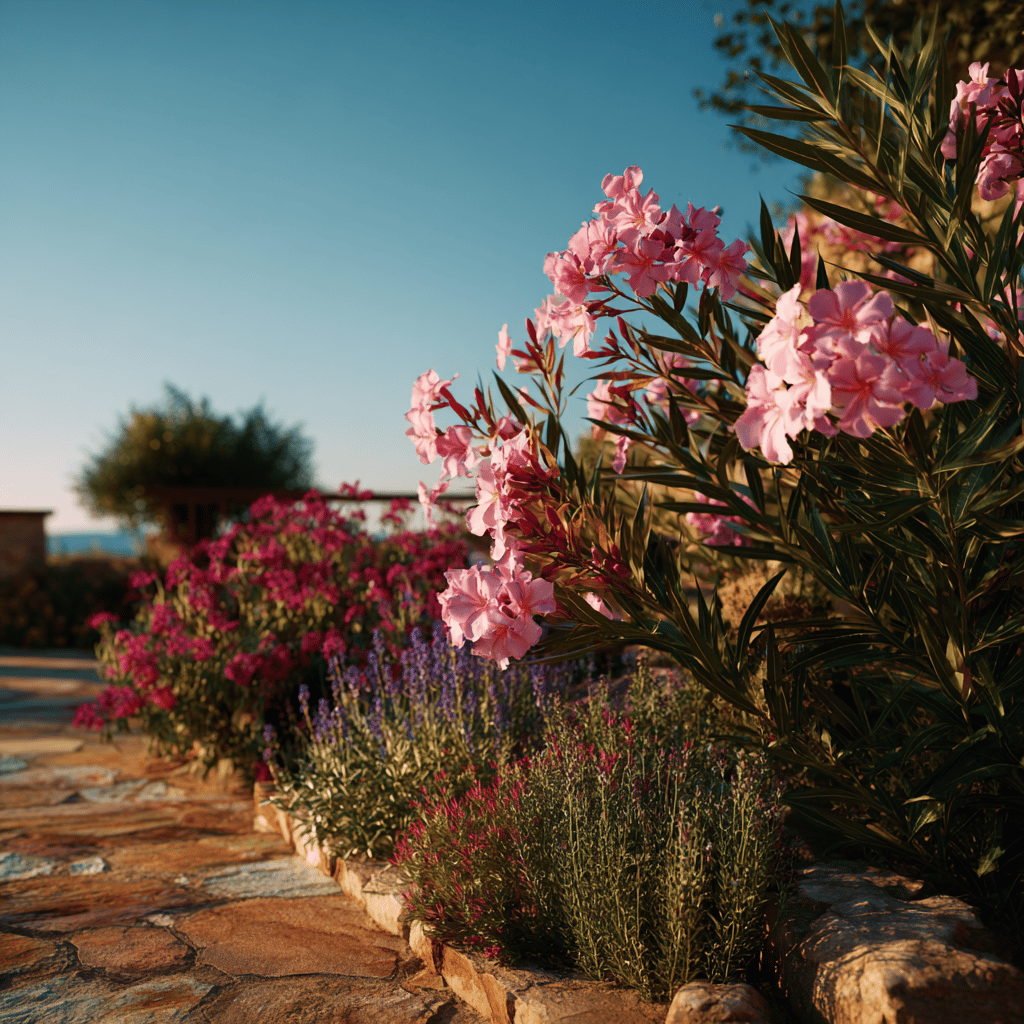 oleandr-nerium-oleander-ruzovy-kvet-ve-vysadbe-s-trvalkami-a-modrym-nebem