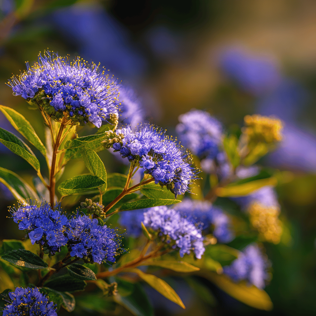orechoplodce-caryopteris-detail-kvetu-na-zlatozelenych-listech