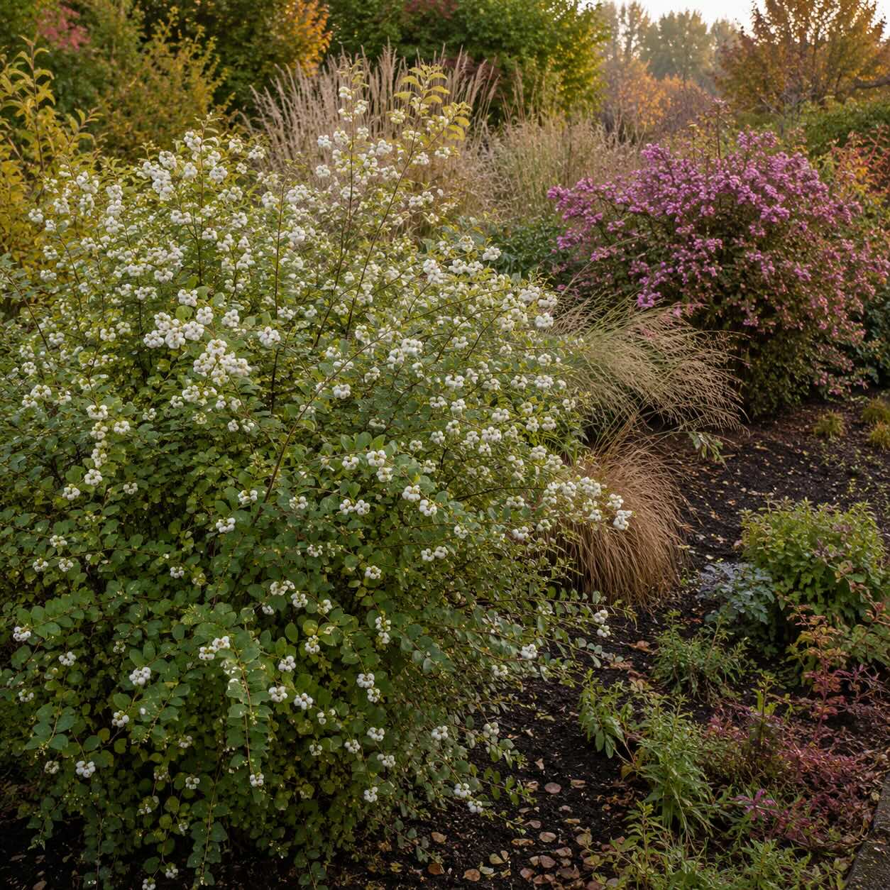 pamelnik-symphoricarpos-albus-s-bilymi-plody-a-ruzove-plodici-pamelnik-v-podzimni-vysadbe