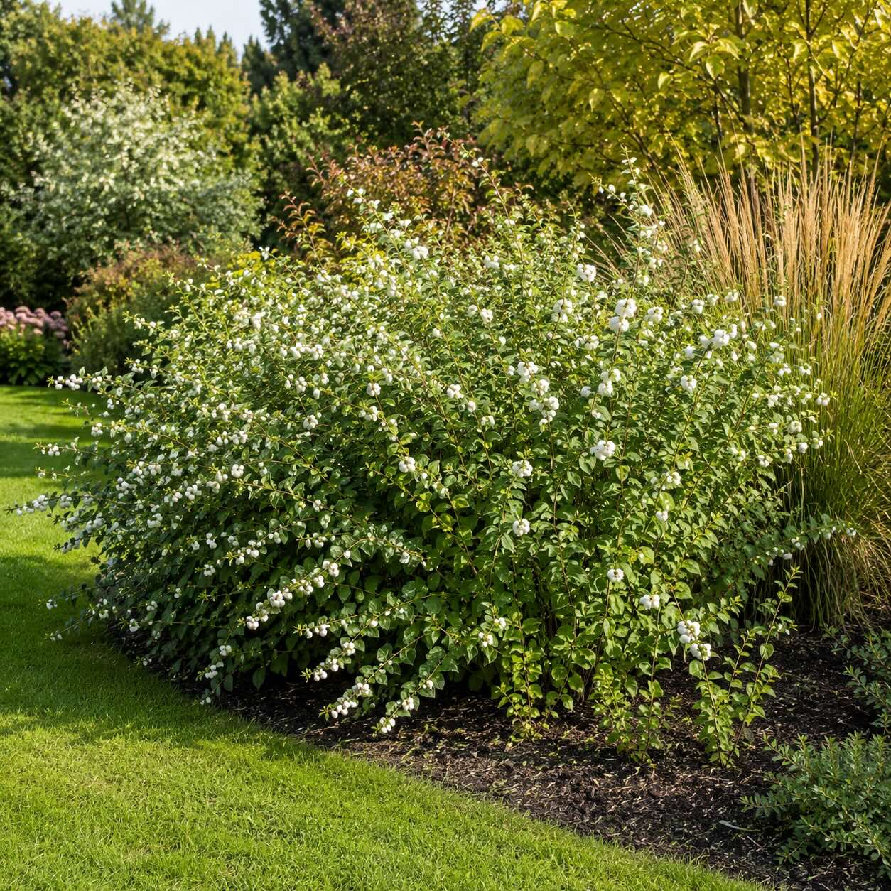 pamelnik-symphoricarpos-albus-s-bilymi-plody-na-slunnem-stanovisti-v-zahrade