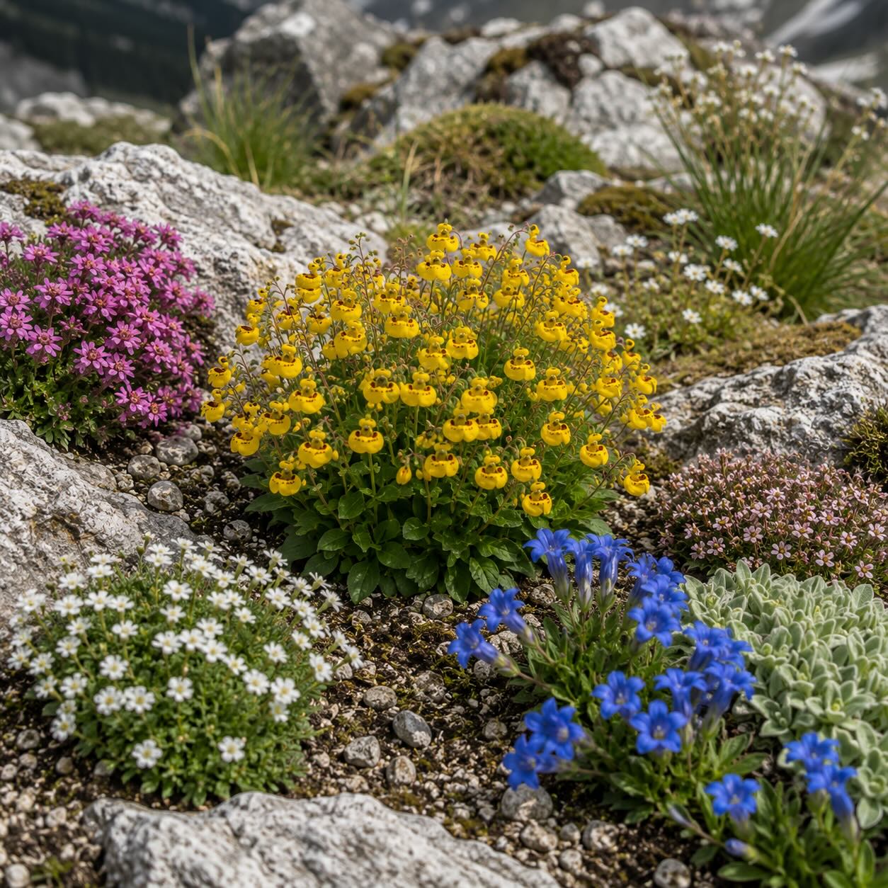 pantoflicek-calceolaria-biflora-v-horske-skalce-s-lomikameny-horci-a-alpinskymi-trvalkami