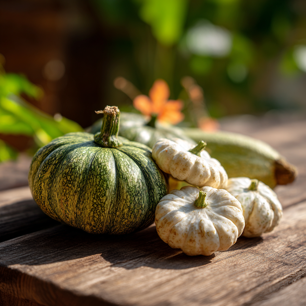 patizon-disco-bile-diskovite-plody-a-mlade-tykve-na-drevenem-stole-v-letni-zahrade