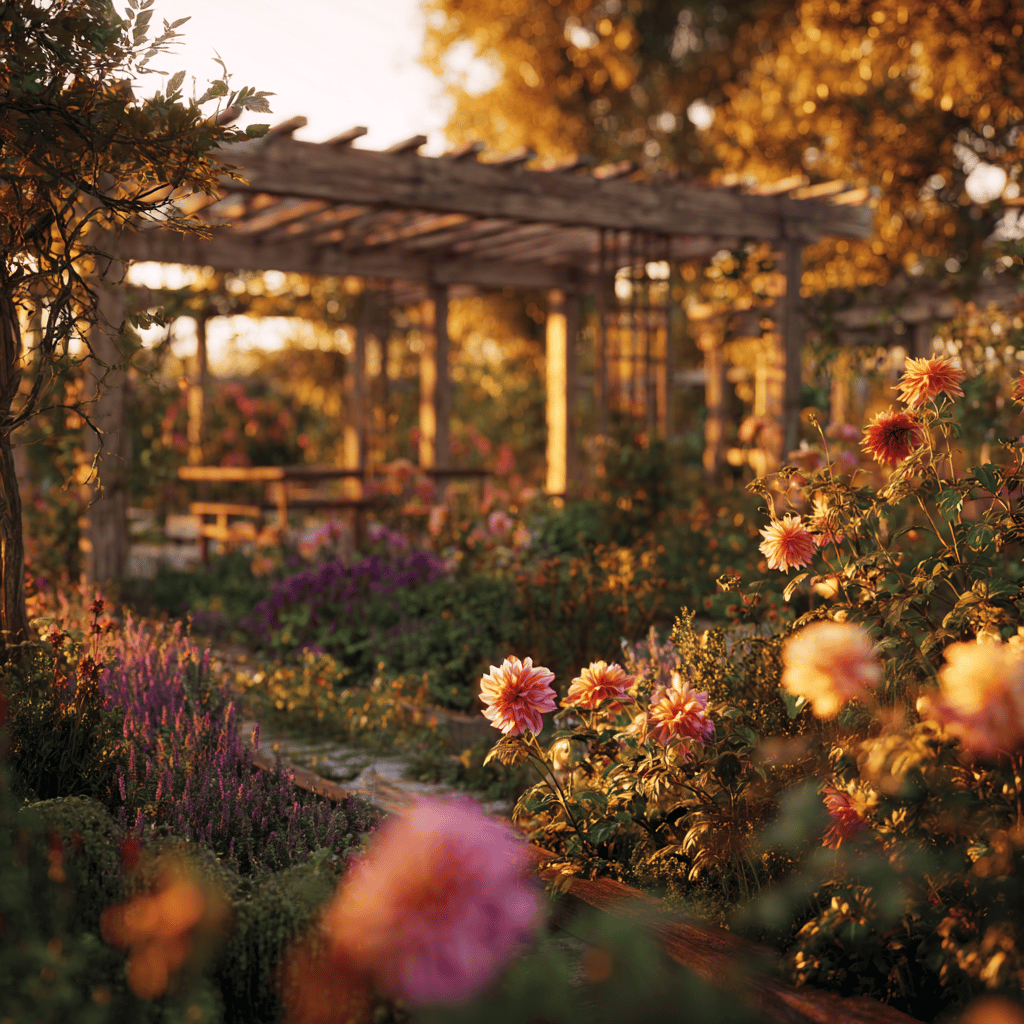pergola-s-kvetinami-v-podzimni-zahrade-v-zapadajicim-svetle