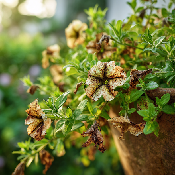 petunie-napadena-plisni-bramborovou--hnede-skvrny-na-kvetech-a-vadnouci-listy