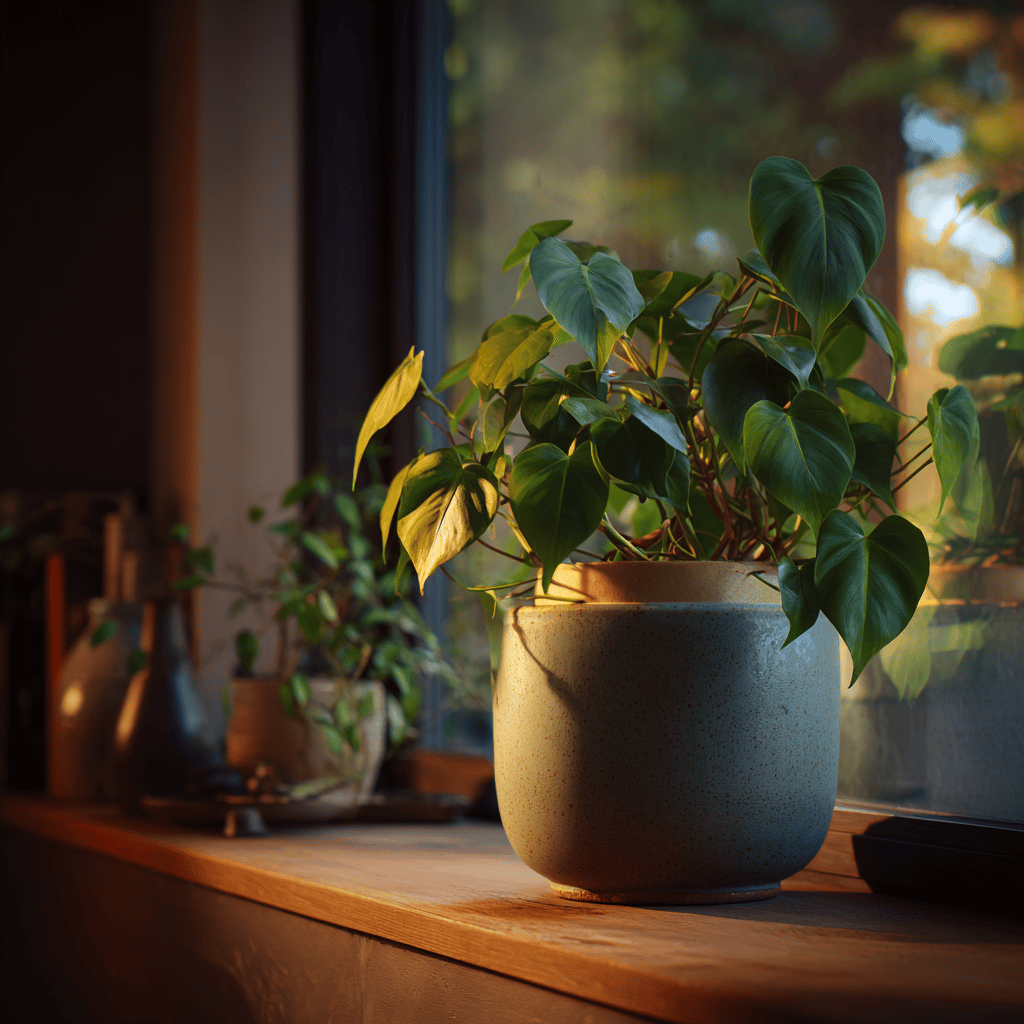 philodendron-v-keramickem-kvetinaci-na-parapetu-v-teplych-odlescich-interieru