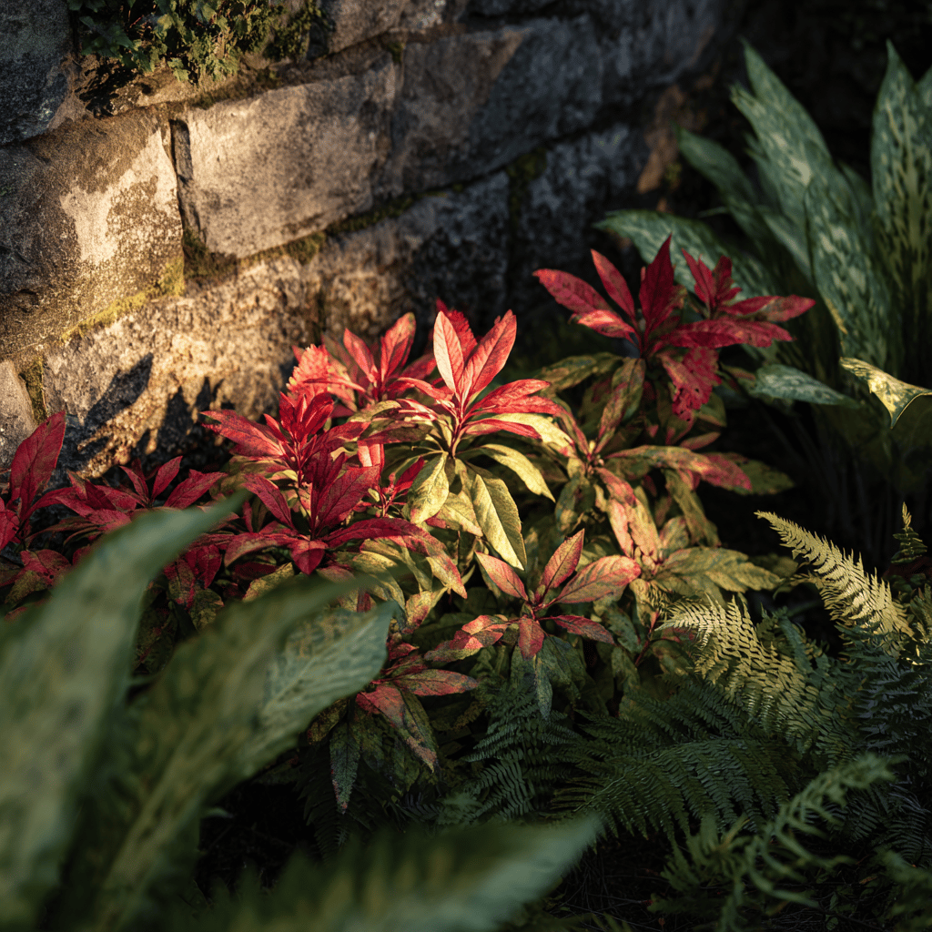 pieris-japonica-cervene-mlade-listy-v-kontrastu-s-kapradinami-u-zidky