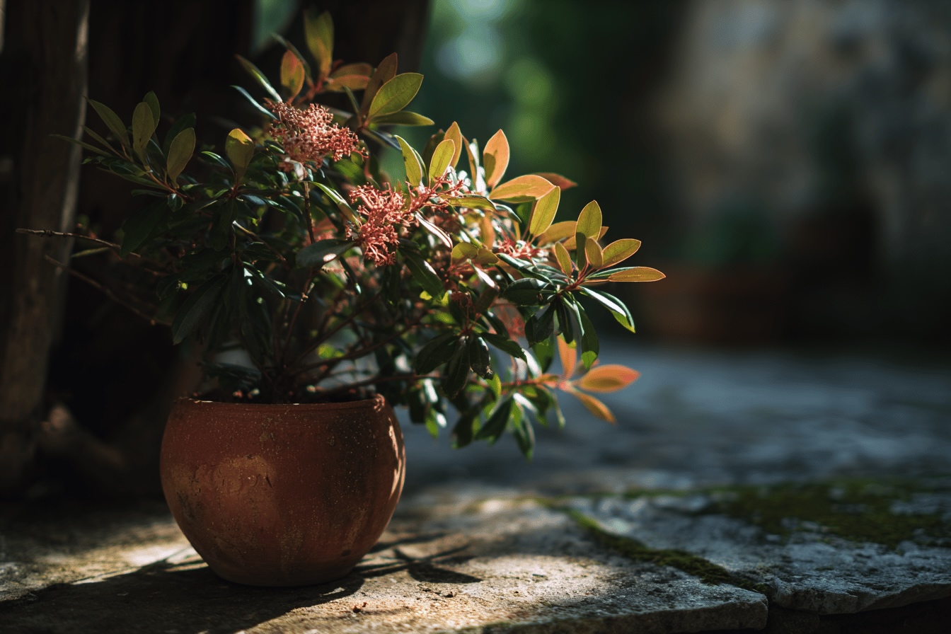 pieris-japonica-kvetouci-kultivar-v-hnede-nadobe-na-kamenech