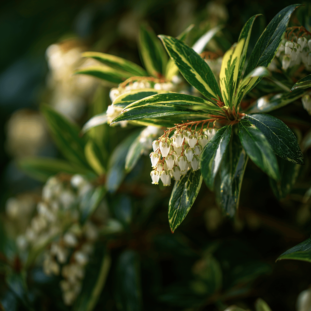 pieris-japonica-panasovane-listy-a-bile-kvety-na-slunci