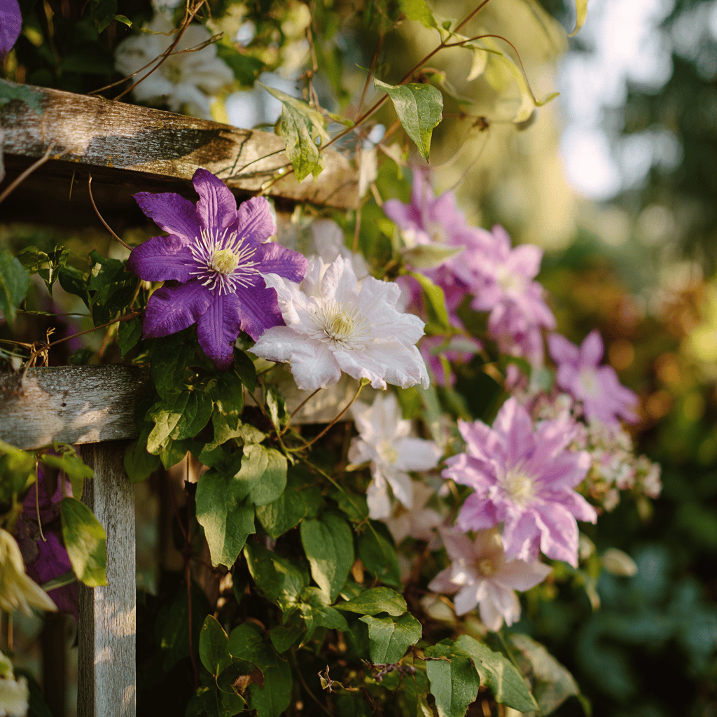 plamenek-clematis-bile-a-fialove-kvety-na-drevene-trelazi