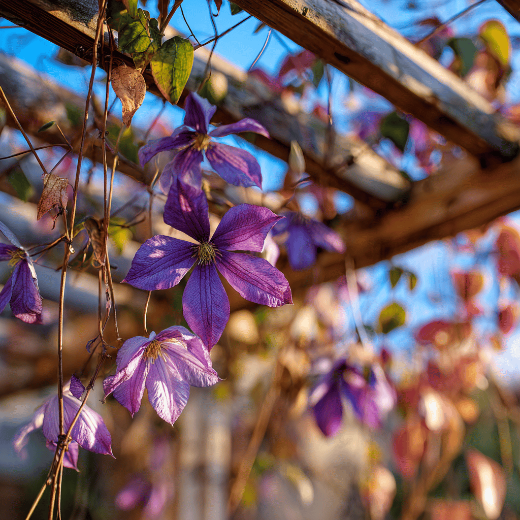 plamenek-clematis-fialove-kvety-a-podzimni-listi-na-pergole