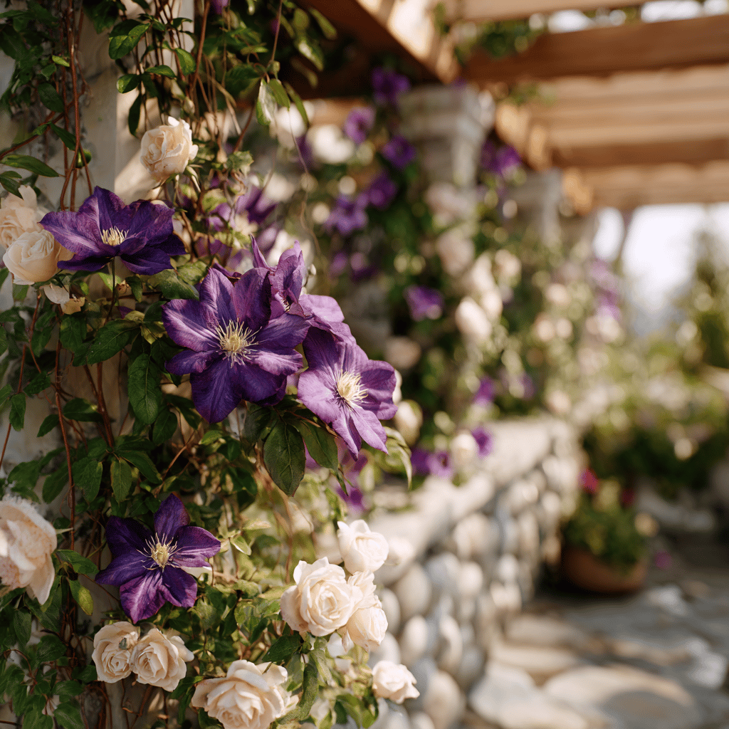 plamenek-clematis-fialovy-a-bile-ruze-na-pergole-v-zahrade