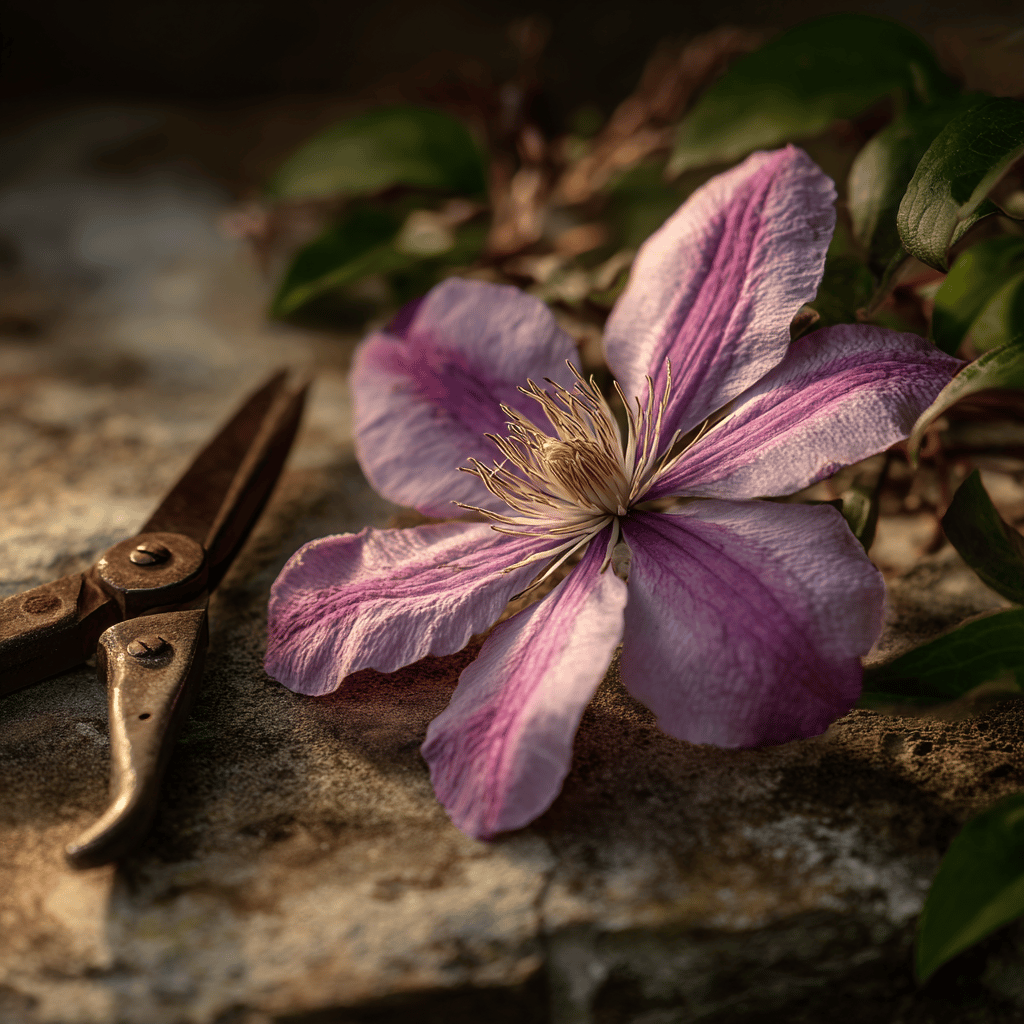 plamenek-clematis-fialovy-kvet-a-nuzky-na-kameni