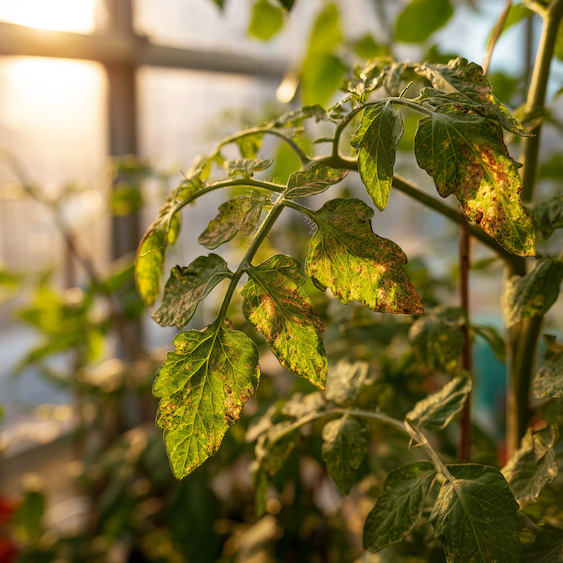 plisen-bramborova-na-rajceti--hnede-skvrny-na-listech-ve-skleniku