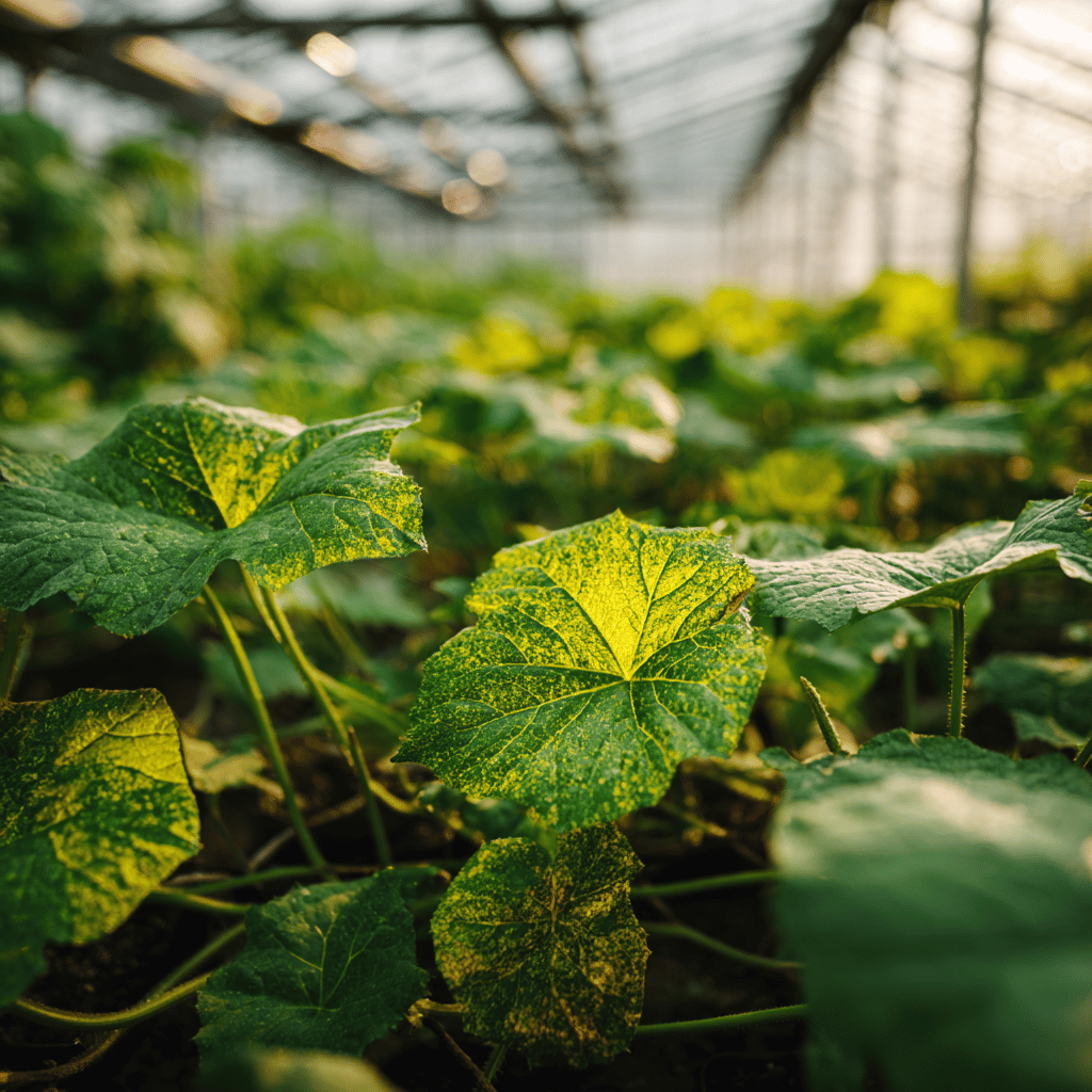 plisen-okurek-napadene-listy-ve-skleniku-pri-zapadu-slunce