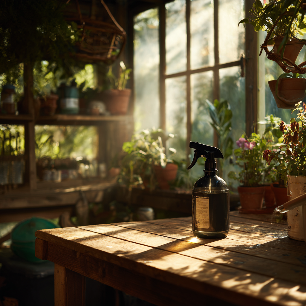 postrikovac-s-fungicidem-na-stole-ve-skleniku-v-protislunecnim-svetle
