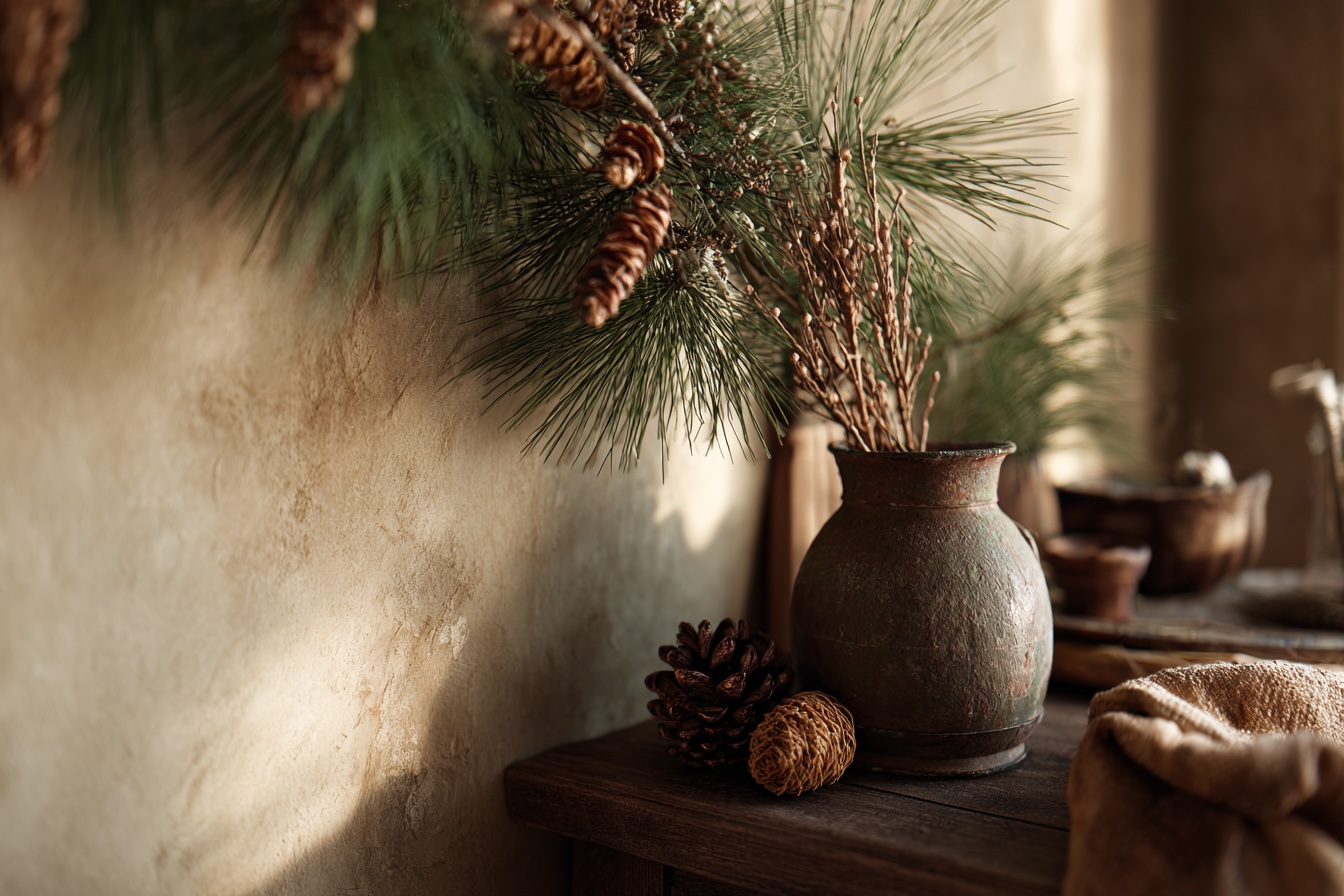 prirodni-adventni-dekorace-chvoji-keramika-sisky-jemne-svetlo