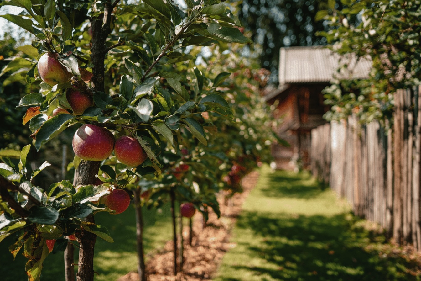 rad-sloupovitych-jabloni-s-plody-pred-venkovskym-domem