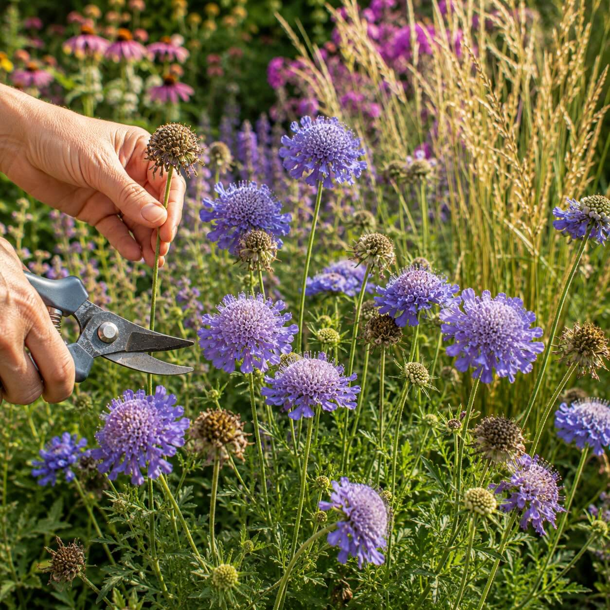 rez-hlavace-scabiosa-odstranovani-odkvetlych-kvetu-v-prirodnim-zahonu