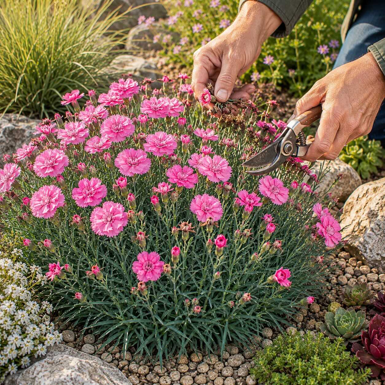 rez-hvozdiku-dianthus-odstranovani-odkvetlych-kvetu-ve-skalce