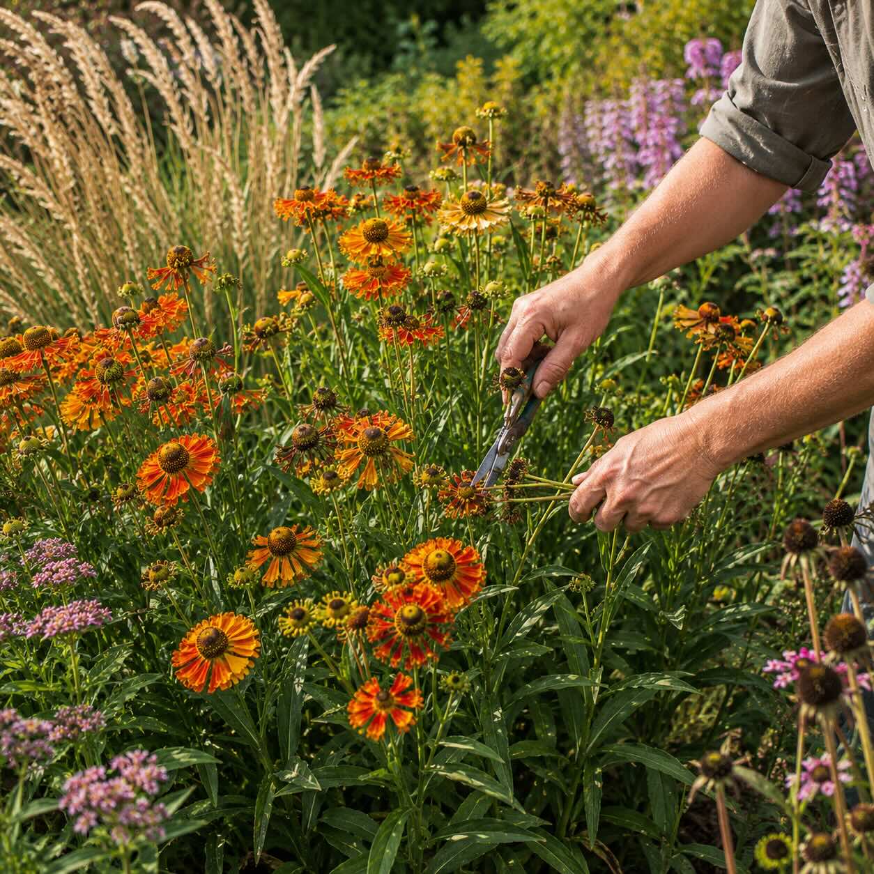 rez-zaplevaku-helenium-odstranovani-odkvetlych-kvetu-v-letnim-zahonu