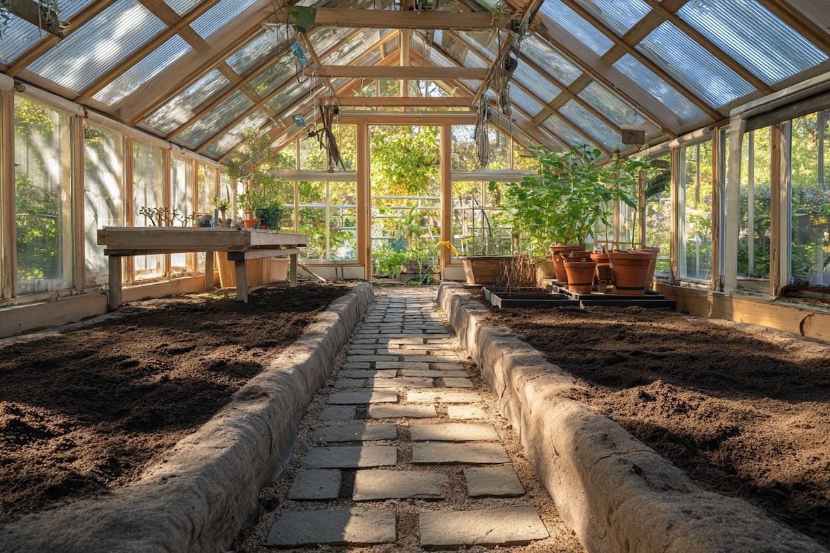 rozdelene-zahony-ve-skleniku-pripravena-puda-a-jarni-svetlo-v-interieru