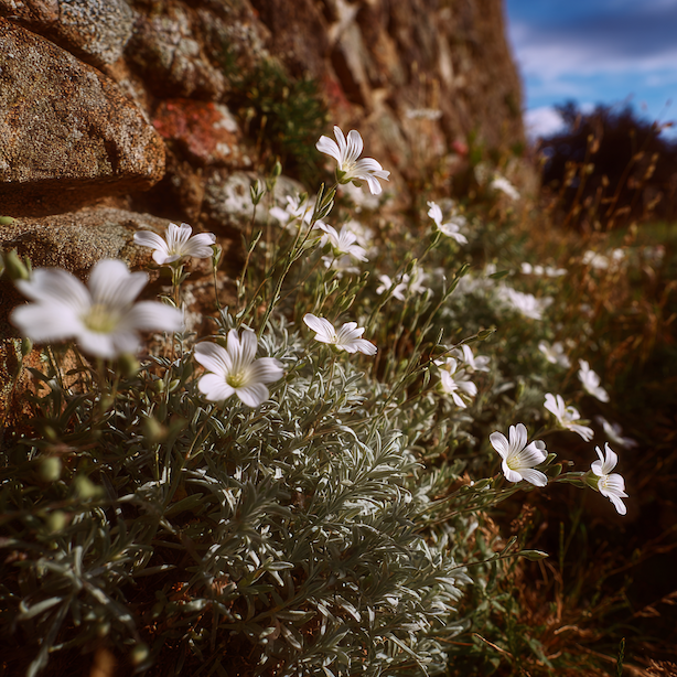 rozec-cerastium-tomentosum-bile-kvety-u-kamenne-zidky-slunne-stanoviste