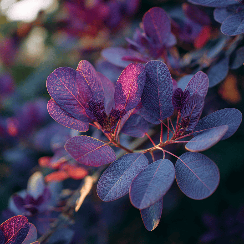 ruj-cotinus-skumpa-vlasata-detail-listu-s-vyraznym-zilkovanim-a-svetelnym-efektem