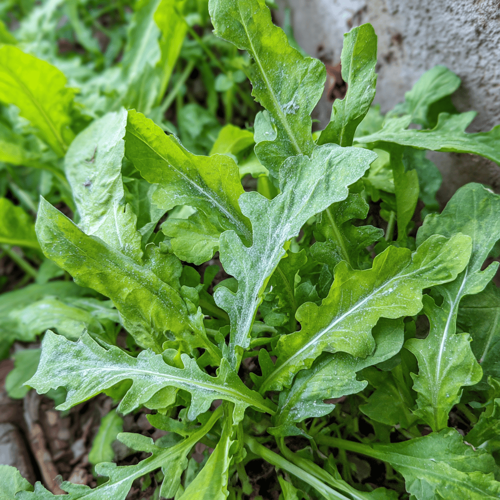 rukola-napadena-padlim-bily-povlak-na-listech-detail