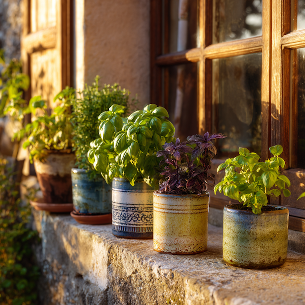 ruzne-druhy-bazalky-v-kvetinacich-na-parapetu-u-okna