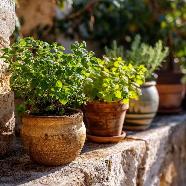 ruzne-druhy-oregana-v-hlinenych-kvetinacich-na-kamennem-parapetu