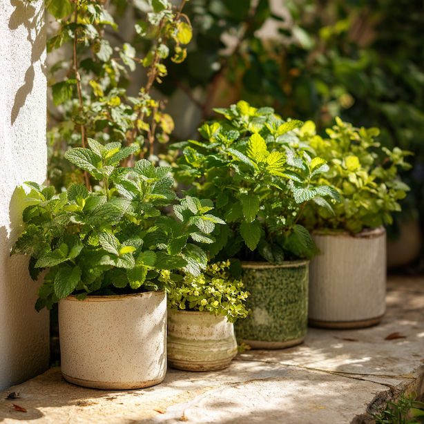 ruzne-odrudy-medunky-v-keramickych-kvetinacich-na-kamennem-dvore