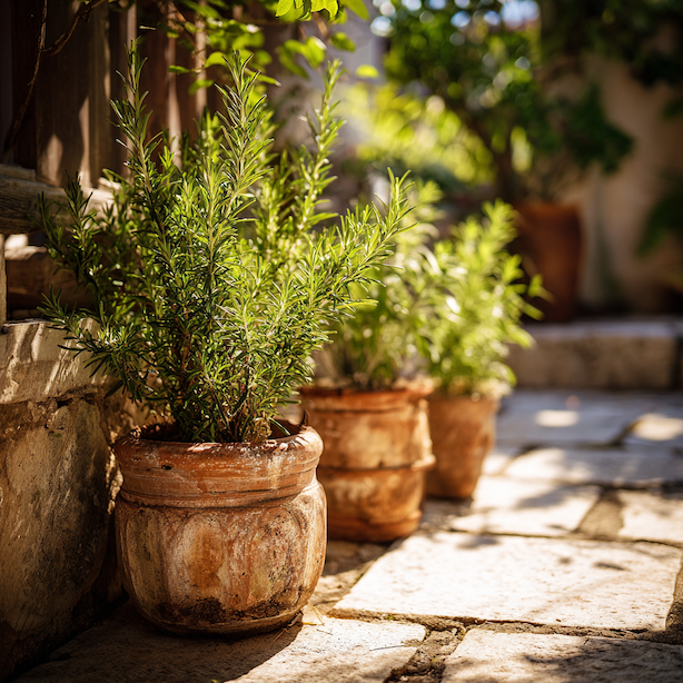 ruzne-odrudy-rozmarynu-v-terakovych-kvetinacich-u-kamenne-zdi-ve-slunecnim-svetle