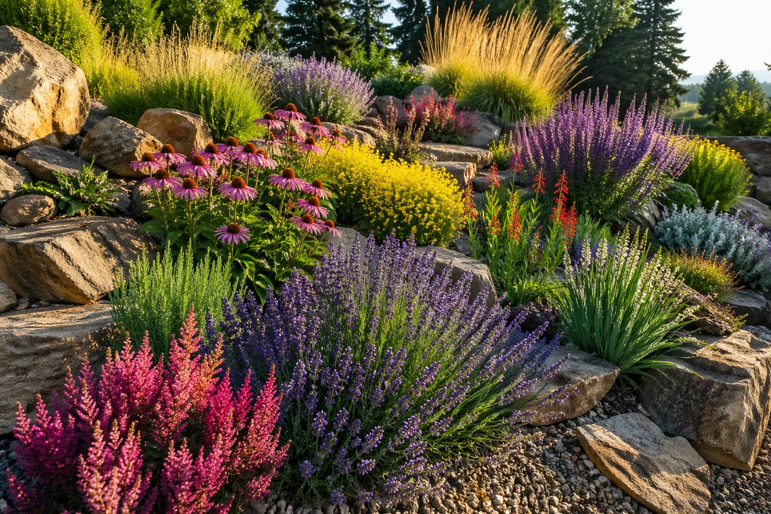 skalni-vysadba-trvalek-na-slunnem-miste-kombinace-levandule-trepatky-a-trav