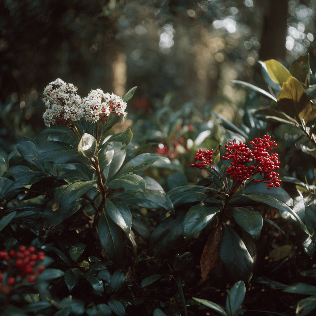 skimie-skimmia-kultivary-samci-s-kvety-a-samici-s-plody-v-zahrade