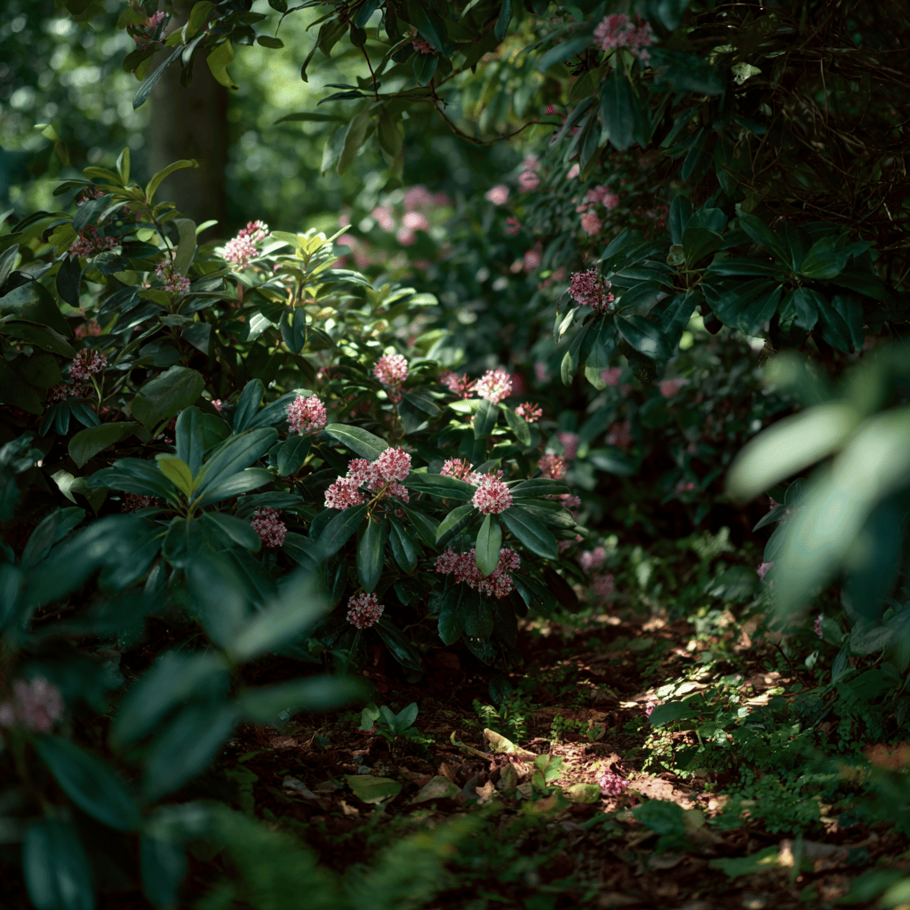 skimie-skimmia-v-zahradni-kompozici-ve-stinu-s-rododendrony