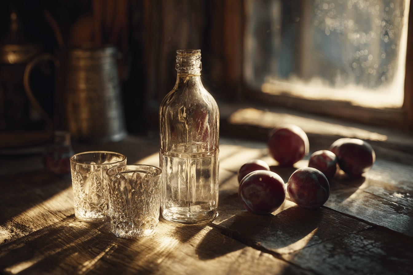 sklenena-lahev-slivovice-a-dve-sklenicky-na-stole-s-cerstvymi-svestkami-v-rannim-svete