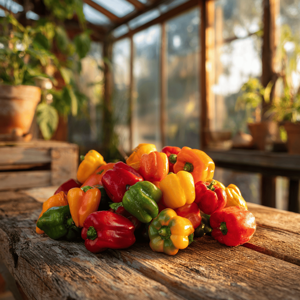 sklizen-barevnych-paprik-ve-skleniku-na-drevenem-stole