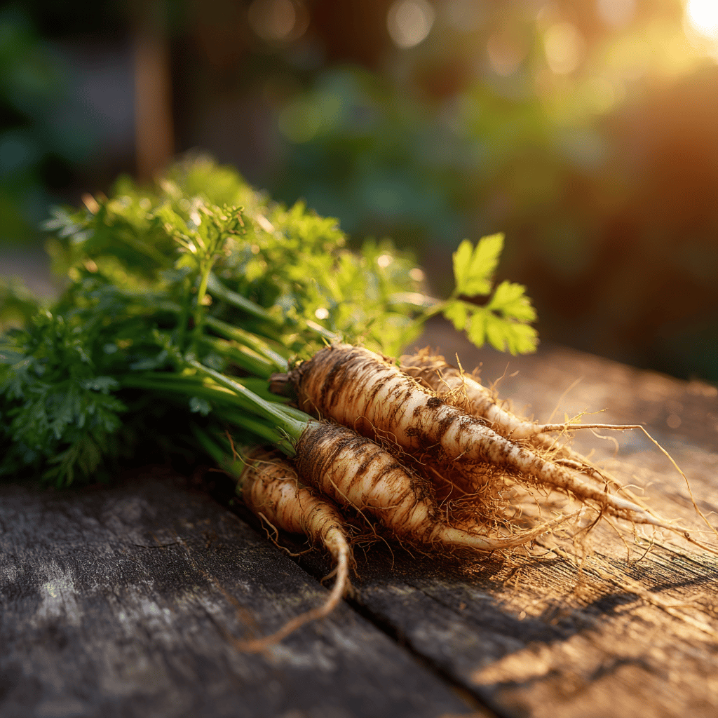 sklizena-petrzel-s-koreny-a-nati-na-drevenem-stole-v-podzimnim-svetle