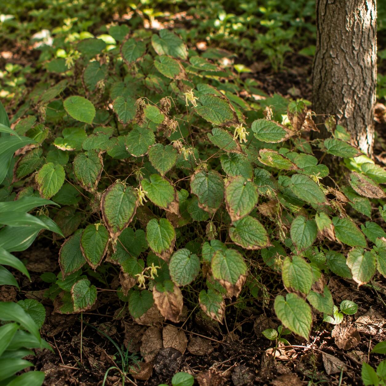 skornice-epimedium-s-poskozenymi-listy-vlivem-sucha-a-konkurence-korenu-pod-stromy
