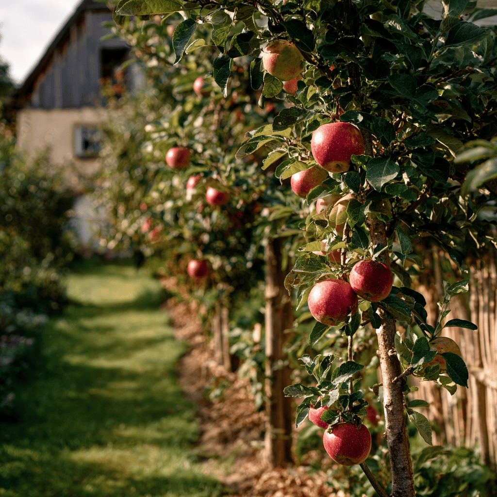 sloupovite-jablone-s-cervenymi-plody-v-rade-u-plotu-na-zahrade