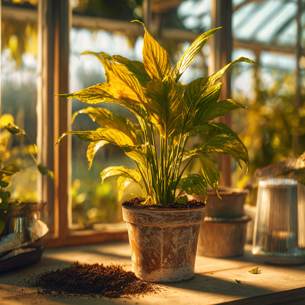 spathiphyllum-lopatkovec-se-zloutnoucimi-a-skvrnitymi-listy-v-keramickem-kvetinaci-ve-skleniku