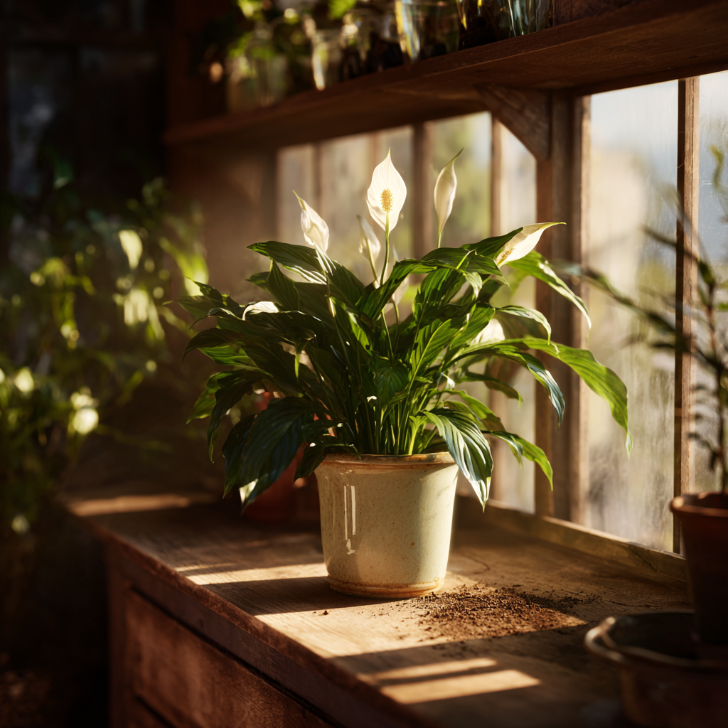 spathiphyllum-lopatkovec-v-keramickem-kvetinaci-na-stole-ve-skleniku-se-substratem